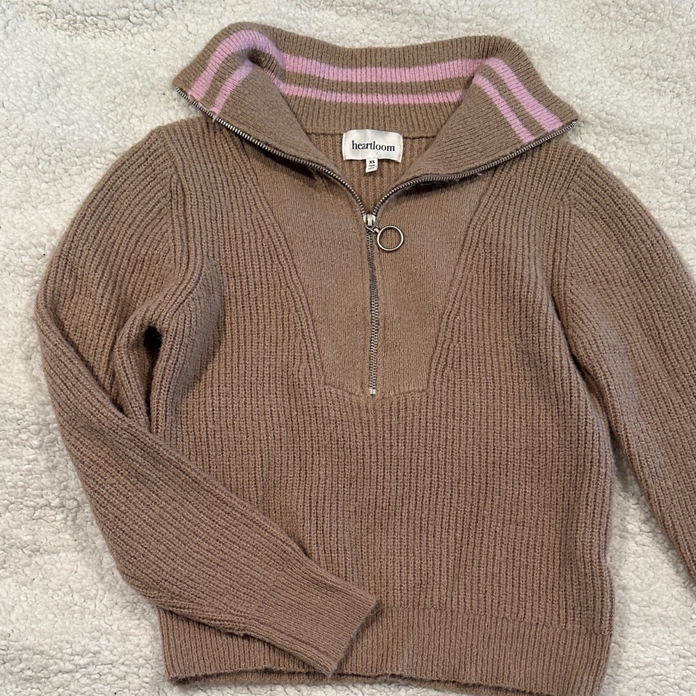 Heartloom Taupe Turtleneck Sweater with Pink Stripes